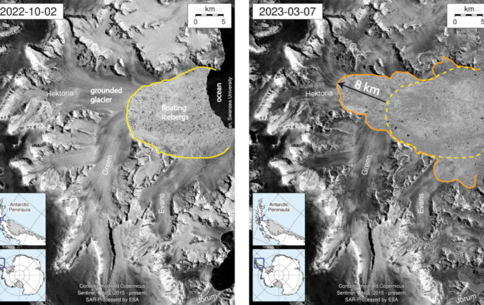 Two panels with satellite images. One showing the glacier before calving and the other after.