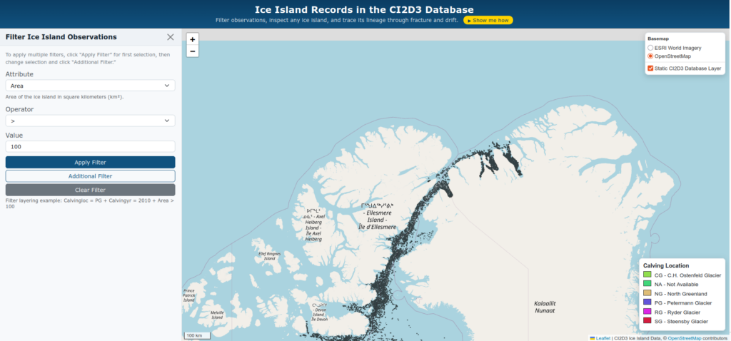 A screenshot of an interactive map of the CI2D3 Database. Click to enter.